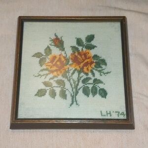 Vintage Needlepoint Floral custom framed artwork. 11 in. Square